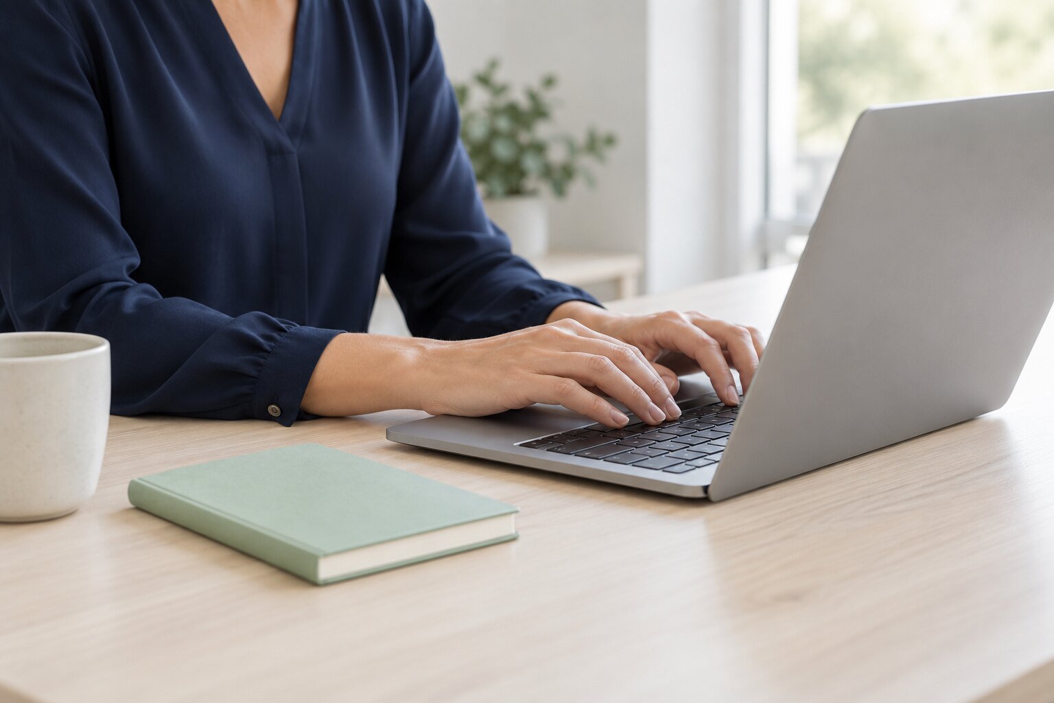 Handen werken op een laptop aan een licht bureau met een mintgroen notitieboek.